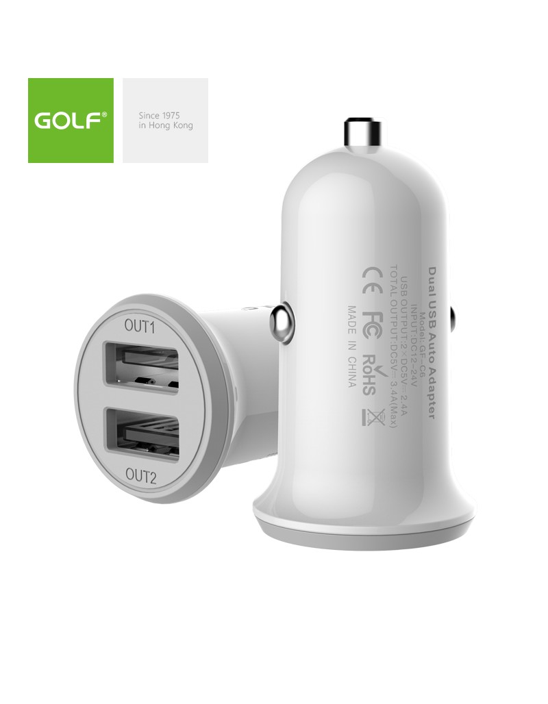 Alimentator Incarcator auto 3.4A 12-24V la 2x USB 2x 2.4A maxim 3.4A alb GF-C6 blister Golf - imagine 2