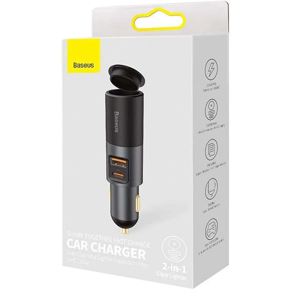 Incarcator auto Baseus Share Together CCBT-C0G 1x USB-A Output 5V/3A + 1x USB Type-C max 5V/3A + 1x bricheta auto 60W total 120W - imagine 3