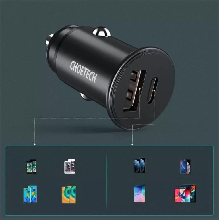 Incarcator auto Choetech TC0006-V2 1x USB type C + 1x USB-A 30W QC 3.0 Power Delivery negru - imagine 4