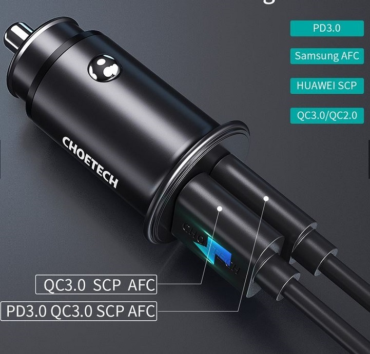 Incarcator auto Choetech TC0006-V2 1x USB type C + 1x USB-A 30W QC 3.0 Power Delivery negru - imagine 7