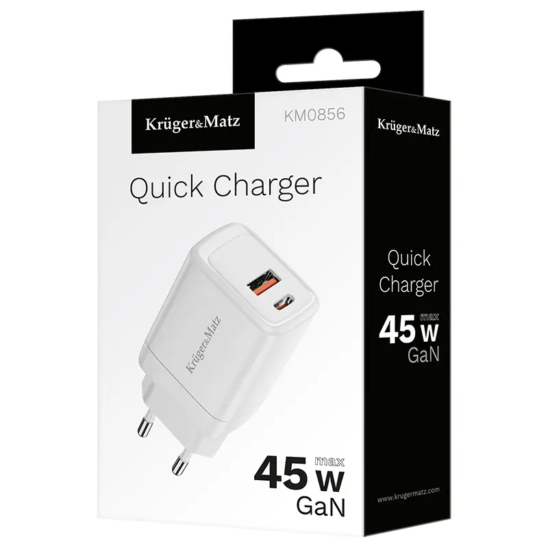 Incarcator retea rapid Kruger&Matz KM0856 PD QC GAN 45W PPS 1x USB-A /1x USB-C alb - imagine 2